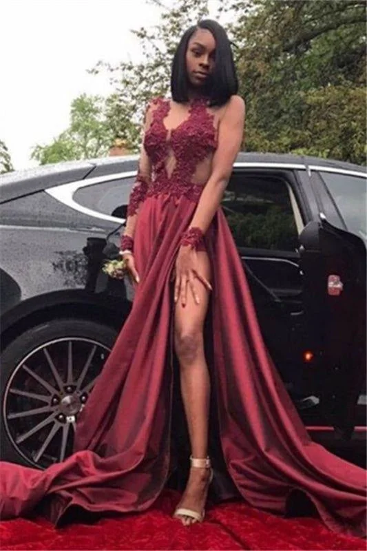 elegant evening gown with train-Bridelily Burgundy A-Line Long Sleeves Prom Dresses 2019 Appliques Side Slit Evening Dresses SK0107