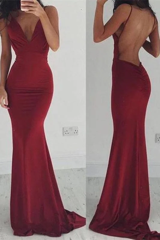 elegant ball gown evening dress-Bridelily Burgundy Spaghettis-Straps Backless Sheath Prom Dresses