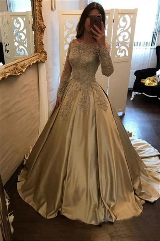 fit and flare evening gown-Bridelily A-Line Evening Dresses Bateau Neck Long Sleeves Lace Appliques Prom Dresses