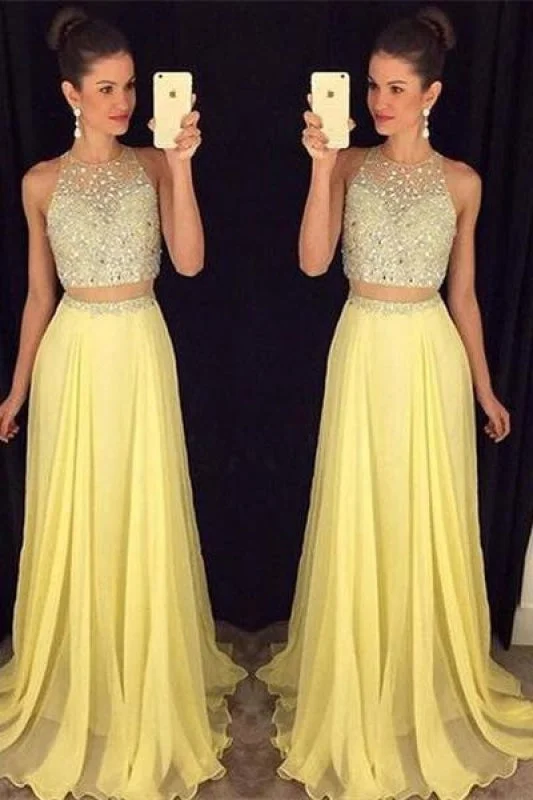 high-low evening gown-Bridelily Cute Two Piece Major Beading Prom Dess New Arrival Chiffon Formal Occasion Dresses GA017