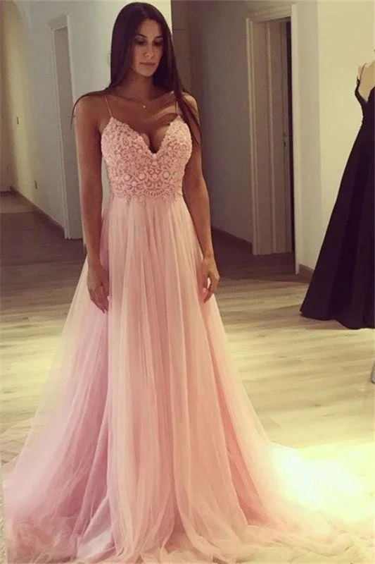 evening dress with beads-Bridelily Elegant Pink A-line Evening Gowns | Spaghettis Straps Tulle Prom Dresses