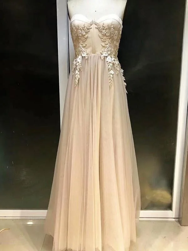 evening gown with sequins-Empire Sleeveless Sweetheart Floor-Length With Applique Tulle Dresses