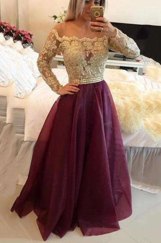 elegant formal evening dress-Bridelily Gold Burgundy Long-Sleeves Lace-Appliques A-line Prom Dresses