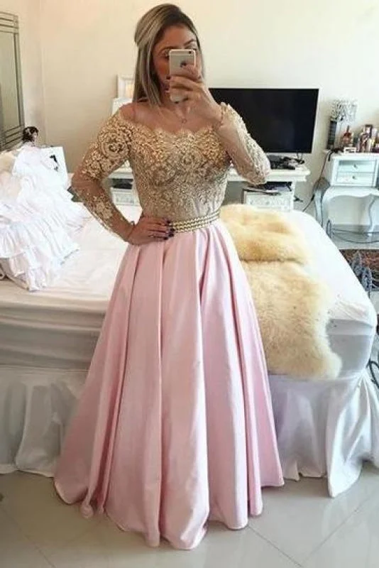 evening gown with fringe-Bridelily 2019 Gold Pink Prom Dresses Long Sleeves Crystals Beaded Off the Shoulder Illusion Lace Evening Gowns Bar0020