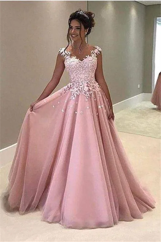 elegant lace overlay evening gown-Bridelily Gorgeous Pink Lace Appliques V-Neck A-Line Cap-Sleeves Prom Dress