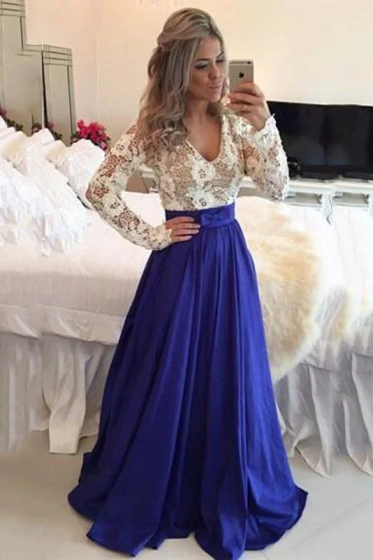 evening gown for prom-Bridelily 2019 Lace Long Sleeves Prom Dresses V Neck Sheer Open Back Beaded Evening Gowns