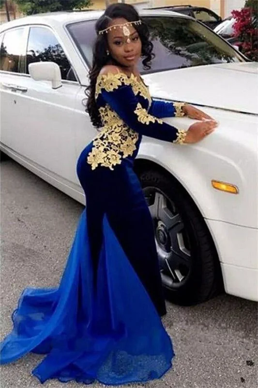 halter neck evening gown-Bridelily Off The Shoulder Gold Lace Prom Dress | 2019 Royal Blue Velvet Sexy Evening Gown FB0321