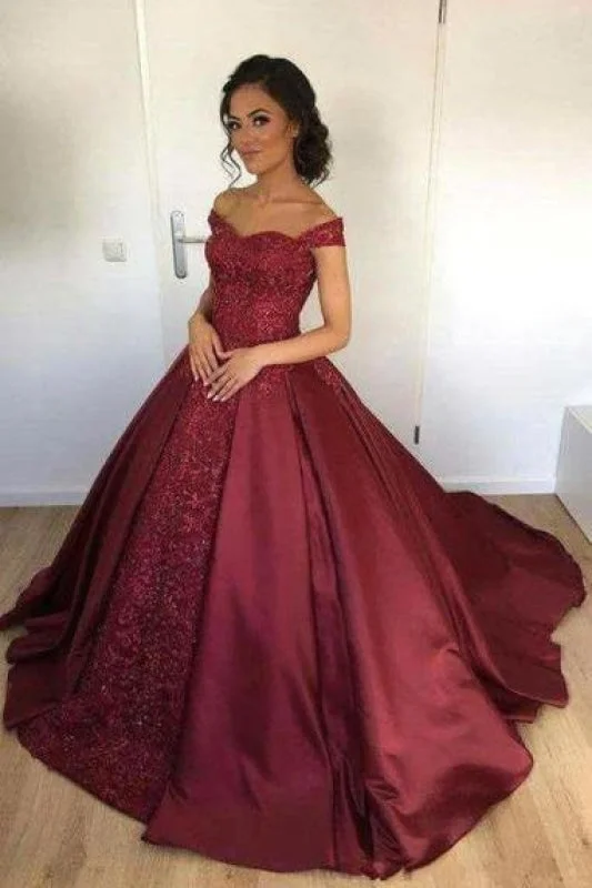 evening dress with appliqués-Bridelily Off-the-Shoulder Burgundy Lace Appliques Ball-Gown Evening Dress