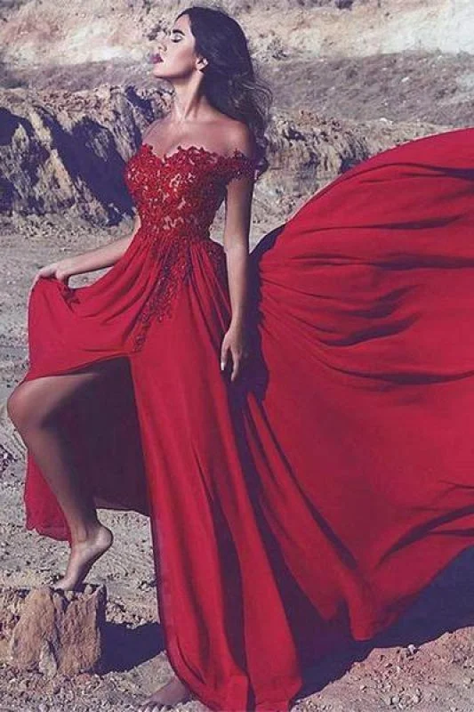 elegant evening dress with beads-Bridelily Off-the-Shoulder Red Lace Appliques Long Split Prom Dress