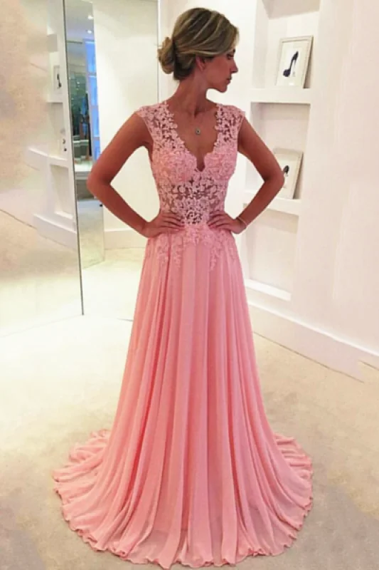 evening gown with sheer overlay-Bridelily V-neck Pink 2019 Long Prom Dresses Elegant Popular Evening Dress CE043