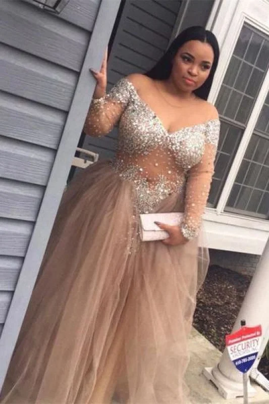 empire waist evening dress-Bridelily Plus-Size Stunning Long-Sleeve Tulle Split Crystal Prom Dress