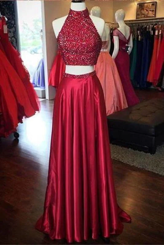 elegant velvet evening gown-Bridelily Red Two Pieces Prom Dresses 2019 High Neck Beaded Thigh-High Slit Sexy Evening Gowns