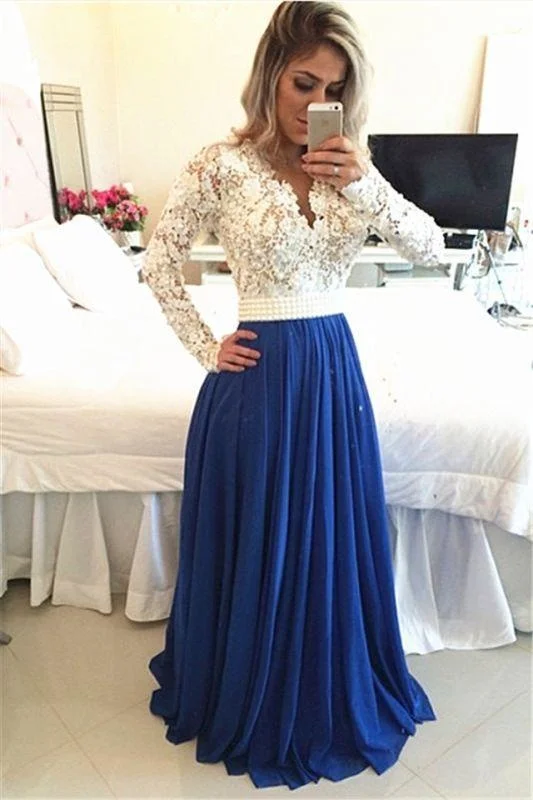 fit and flare evening gown-Bridelily Royal Blue  Lace V Neck Popular Evening Dress with Long Sleeve Pearl Belt Long Prom Dresses BMT017