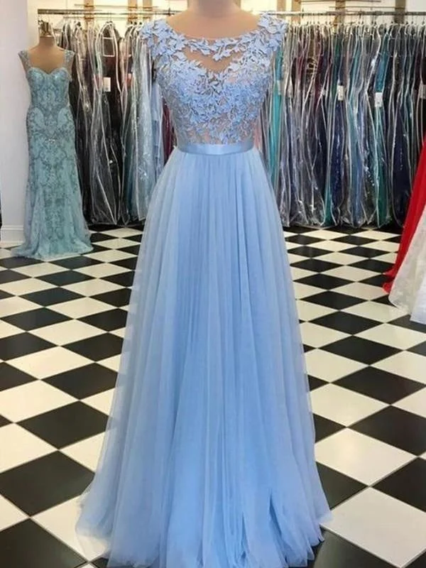 evening gown with crystals-Bridelily Scoop Sleeveless Floor-Length With Applique Tulle Dresses