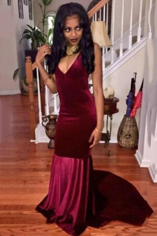 sheer sleeve evening dress-Bridelily 2019 Burgundy Velvet Prom Dress Backless Deep V-neck Sheath Evening Gowns Cheap