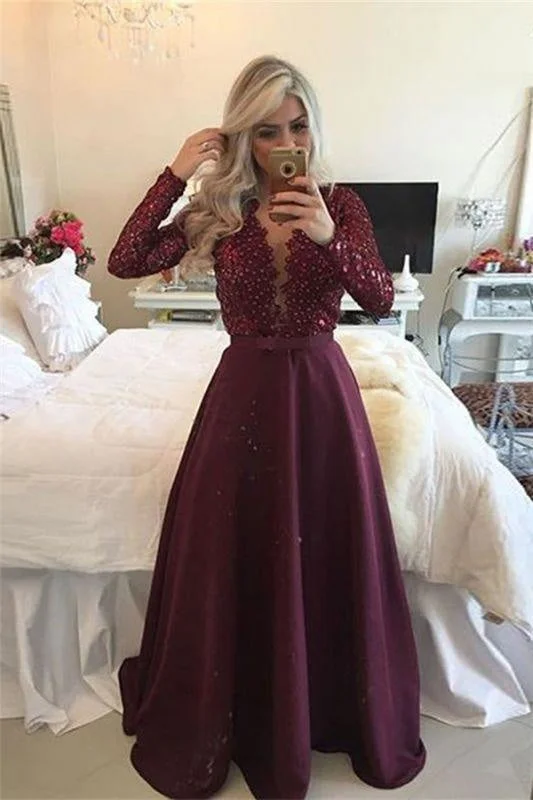 elegant evening dress with beads-Bridelily Sexy Burgundy Long-Sleeves Lace A-Line Beadings Prom Dress