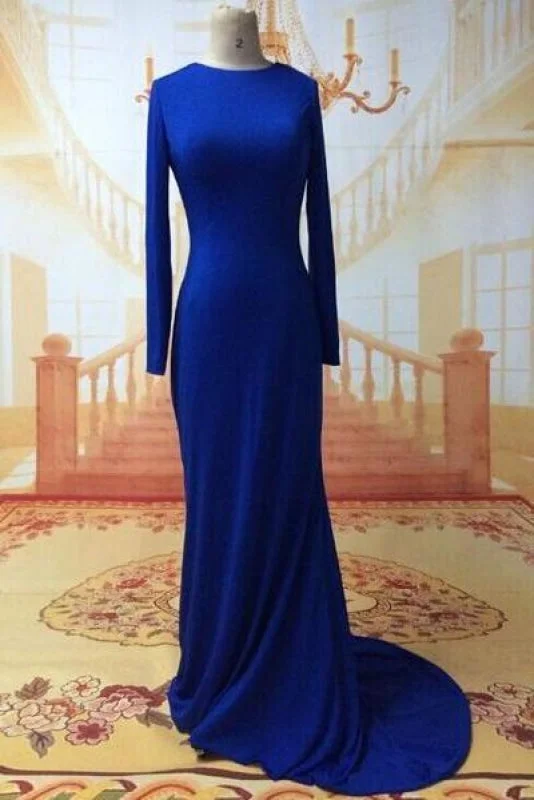 shimmering evening dress-Bridelily Sexy Prom Dresses Long Sleeve Jewel Elegant Sweep Train Cross Back Blue Satin Evening Gowns