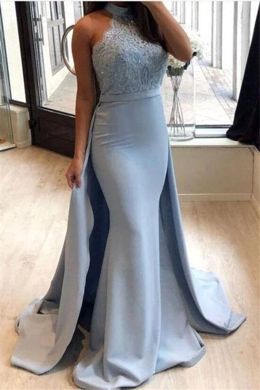 evening gown with embroidery-Bridelily Sexy Sheath High-Neck Prom Dresses | Lace Sleeveless Eveniing Dresses with Detachable Skirt