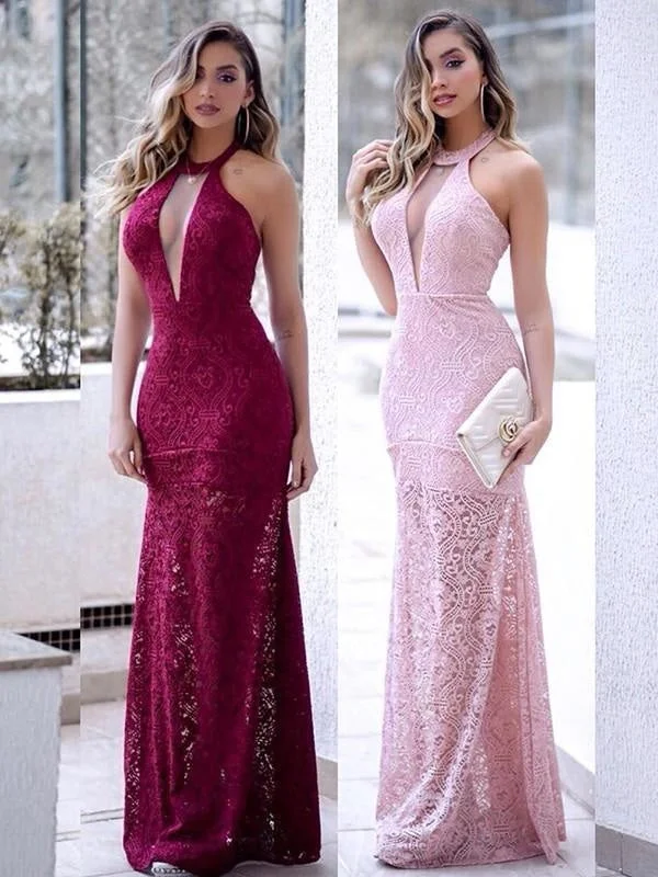 evening dress with sleeves and lace-Sheath Sleeveless Halter Floor-Length With Ruffles Lace Dresses