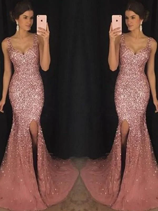 fit and flare evening gown-Bridelily Sheath Sweetheart Sleeveless Sweep/Brush Train Sequin Tulle Dresses