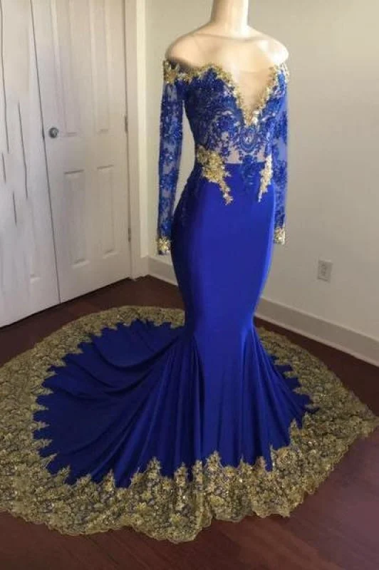 evening dress with plunging neckline-Bridelily Shiny Royal Blue Prom Dresses | Off-the-Shoulder Evening Gowns