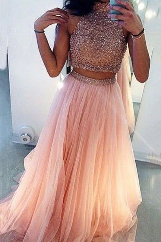 evening dress with shawl-Bridelily 2019 Two Pieces Separate Long Prom Dresses High Neck Front Slit Beading Junior Formal Party Dresses