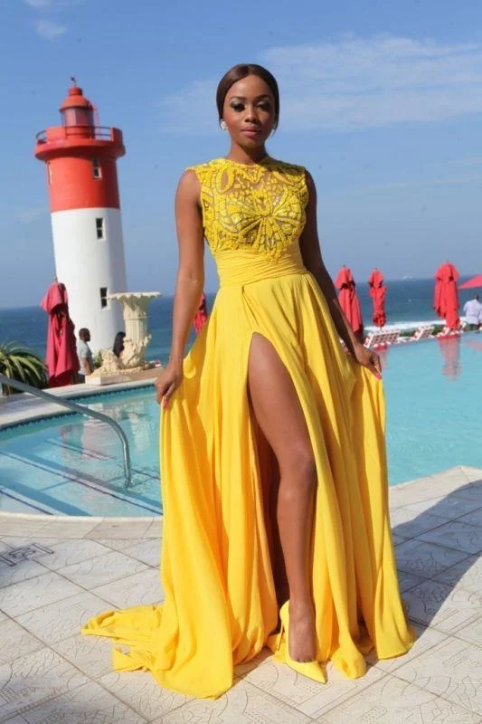 draped evening dress-Bridelily Yellow Chiffon Side-Slit High-Neck Sleeveless Sexy Long Evening Dresses