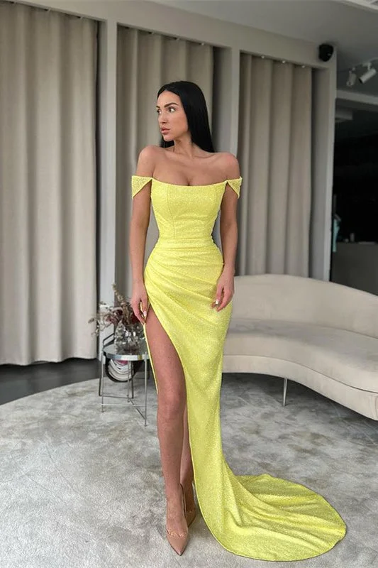 sparkly evening gown-Bright Yellow Off-The-Shoulder Mermaid Prom Dress with Split