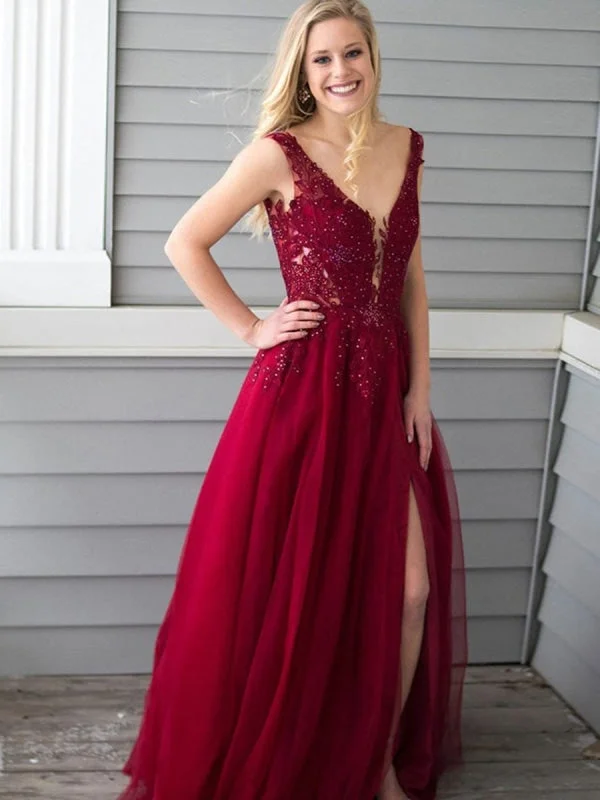 sleeveless evening dress-Burgundy A Line V Neck Lace Appliques Beading Chiffon Long Prom with Slit, Burgundy Lace Formal, Burgundy Evening