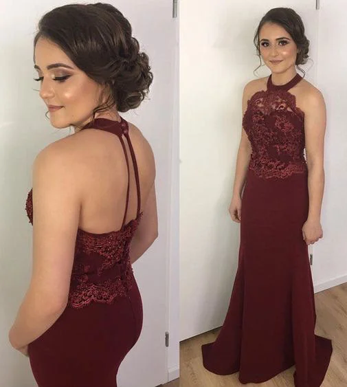 sparkly evening gown-Burgundy Halter Mermaid Prom Dresses with Appliques Lace