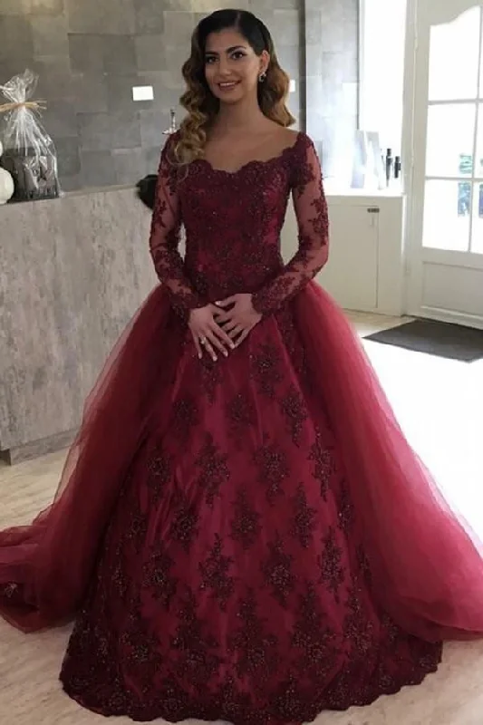 elegant evening wear-Burgundy Long Prom Dresses Quinceanera Gown