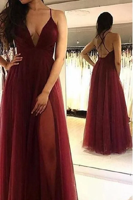 formal red evening gown-Deep V Neck Split Side Long Prom Dresses