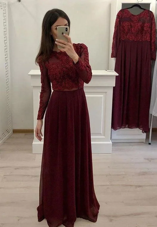 sophisticated evening gown-Burgundy/Navy Blue Long Sleeves Prom Dresses with Appliques