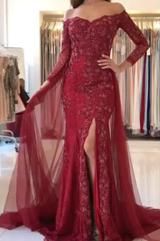 elegant white evening gown-Burgundy Off-the-shoulder 3/4 Sleeves Split Tulle Prom Dress Long Formal Gown