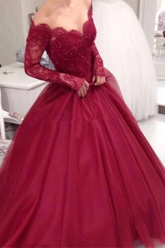 evening gown with cape-Burgundy Off the Shoulder Sleeve Applique Tulle Evening Long Prom Dress