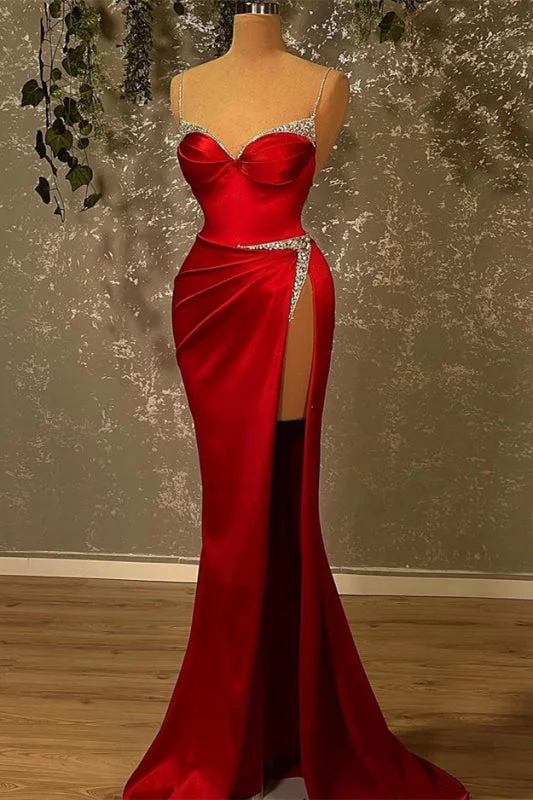 elegant evening dress with sleeves-Burgundy Spaghetti-Straps Mermaid Prom Dress with Split and Beadings