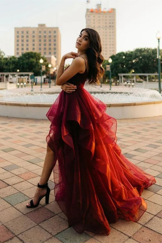 fit and flare evening gown-Burgundy Spaghetti-Straps Prom Dress with Ruffles