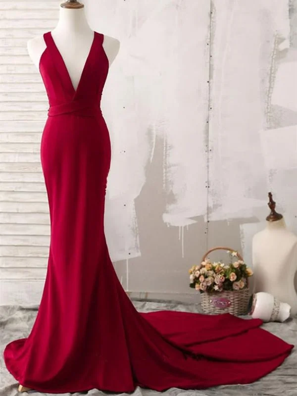 pleated evening dress-Burgundy V Neck Mermaid Open Back Satin Long Prom with Sweep Train, V Neck Backless Burgundy Formal, Burgundy Evening