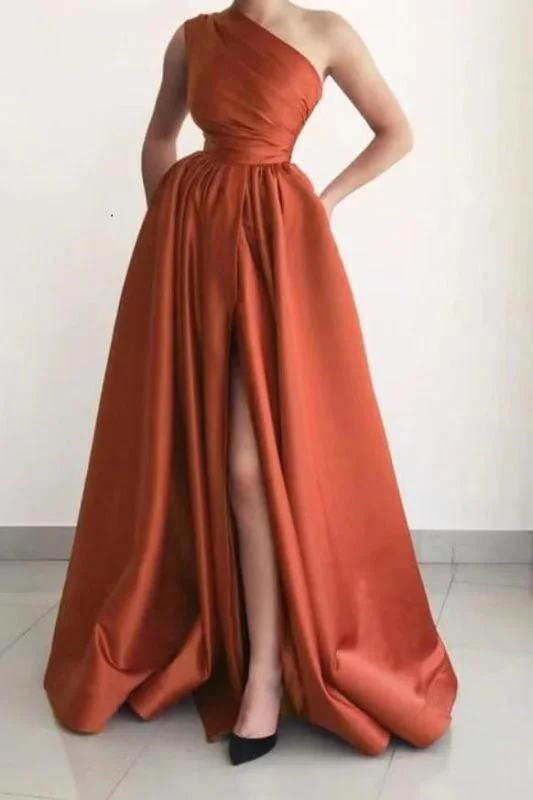 evening gown with fringe-Burnt Orange One Shoulder Elegant Prom Dress A-Line Split with Pockets