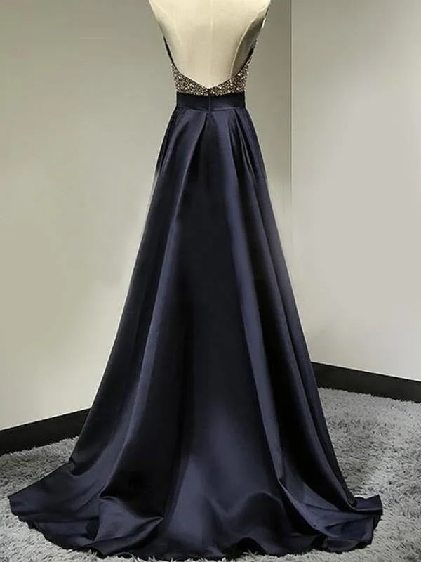 sheer sleeve evening dress-Satin Halter Sleeveless A-line Floor-Length With Beading Dresses