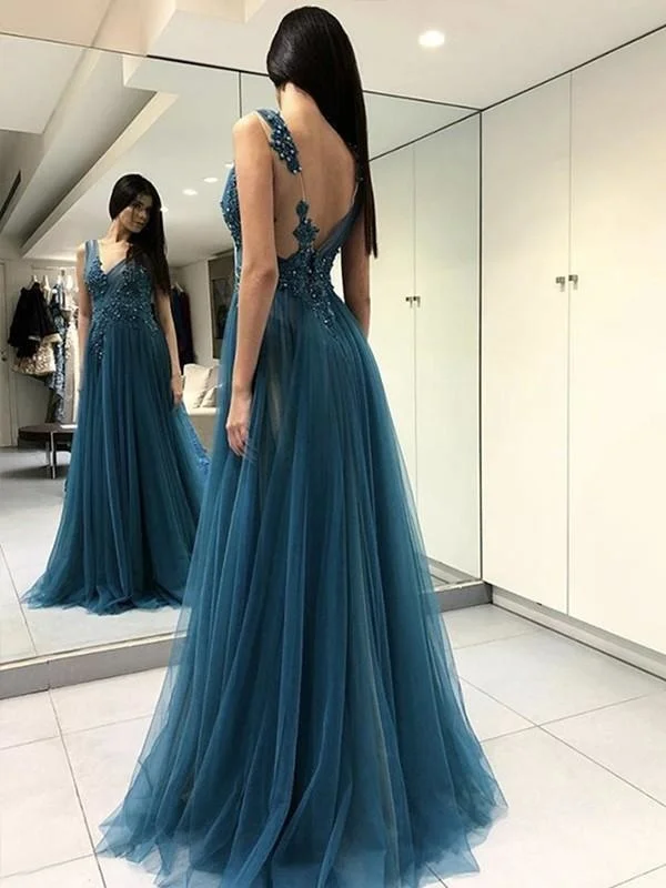 high-low evening gown-Sleeveless V-Neck Floor-Length A-line With Applique Tulle Dresses