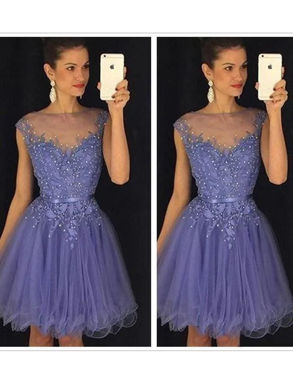 royal blue evening gown-C| Bridelily A-Line Tulle Scoop Sleeveless Short/Mini With Applique Dresses