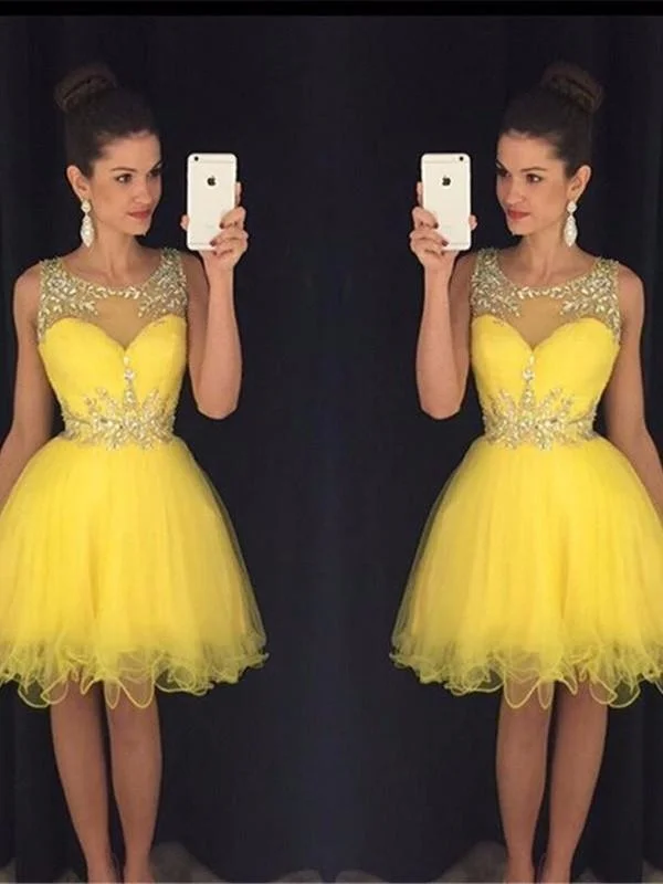 evening gown with keyhole-Tulle Scoop Sleeveless A-line Short/Mini With Beading Dresses