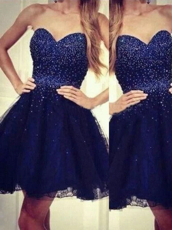 draped evening dress-C| Bridelily A-Line Tulle Sweetheart Sleeveless Short/Mini With Beading Prom Dresses