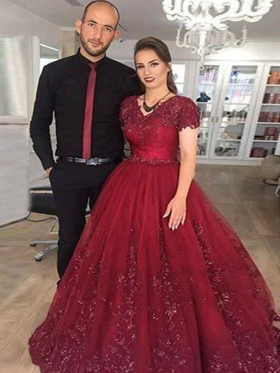 evening dress with appliqués-Cap Sleeves Burgundy Ball Gown Prom Dresses with Appliques