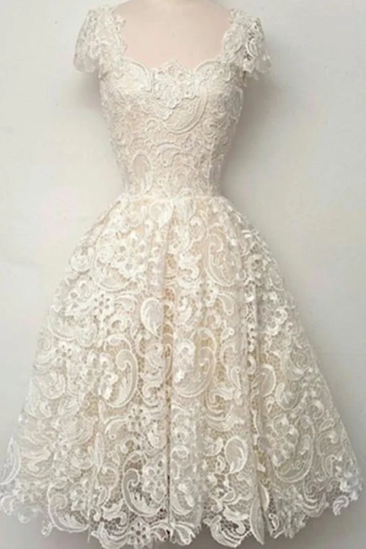 sheer sleeve evening dress-Cap Sleeves Ivory Lace Short Prom Dress Homecoming Dresses