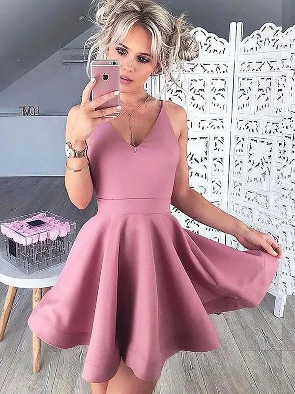 elegant evening dress with sleeves-Satin V-neck Sleeveless A-line Short/Mini With Ruffles Prom Dresses