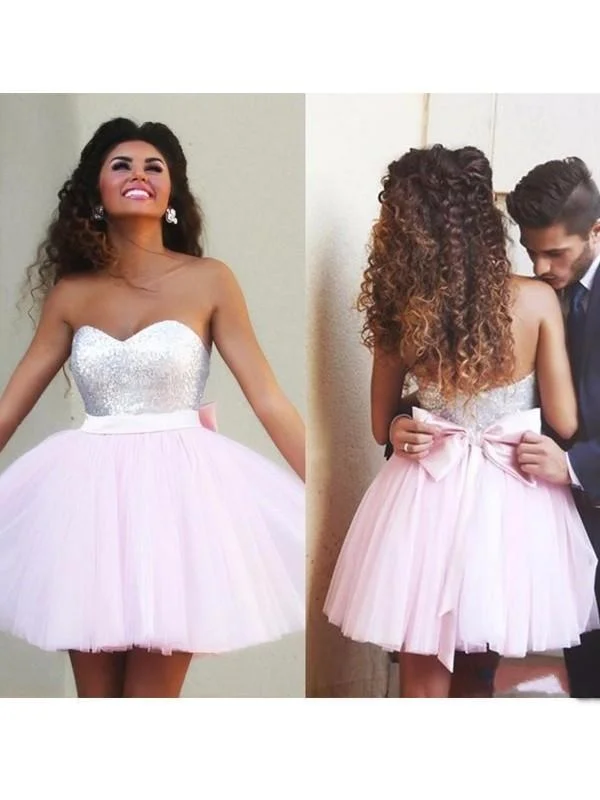 off-the-shoulder evening gown-C|Bridelily A-Line Tulle Sweetheart Sleeveless Short/Mini With Beading Dresses