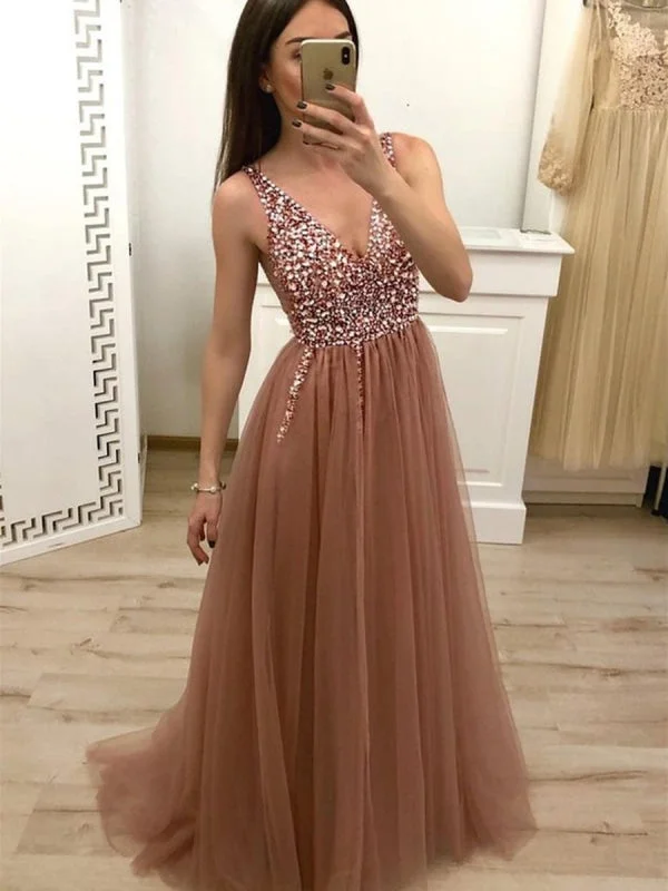 evening dress with mesh overlay-A Line V-Neck Cross Back Sequined Tulle Long Prom, Formal, Evening Dress