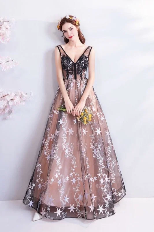 elegant formal evening dress-Charming Floor Length Sleeveless Prom with Stars A Line Appliques Evening Dress